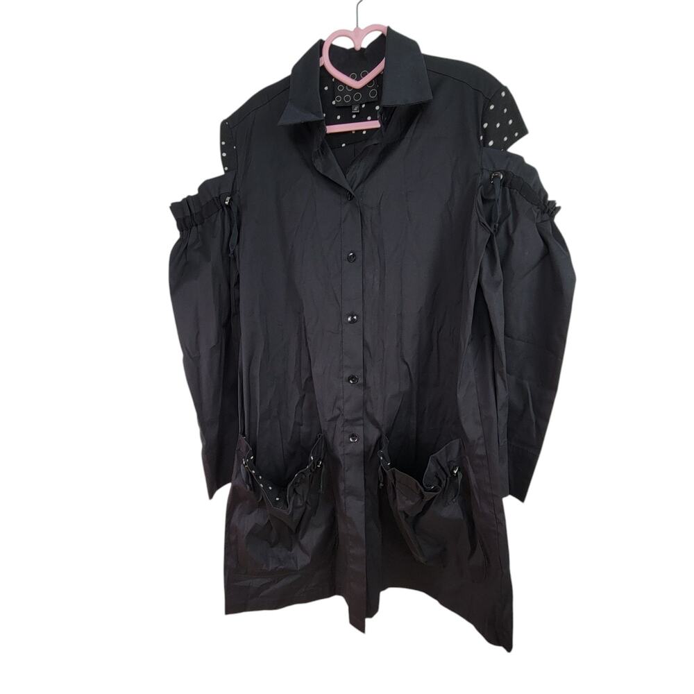 NY 77 Design Black Mini Dress Size Medium Off Shoulder Art to Wear Shirt Button